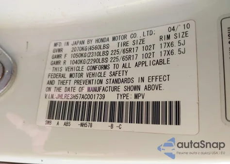 2010 Honda Cr-V Ex z USA, uszkodzony, nr VIN JHLRE3H57AC001739